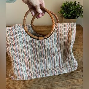 Fossil round braided leather handle purse colorful weave pattern